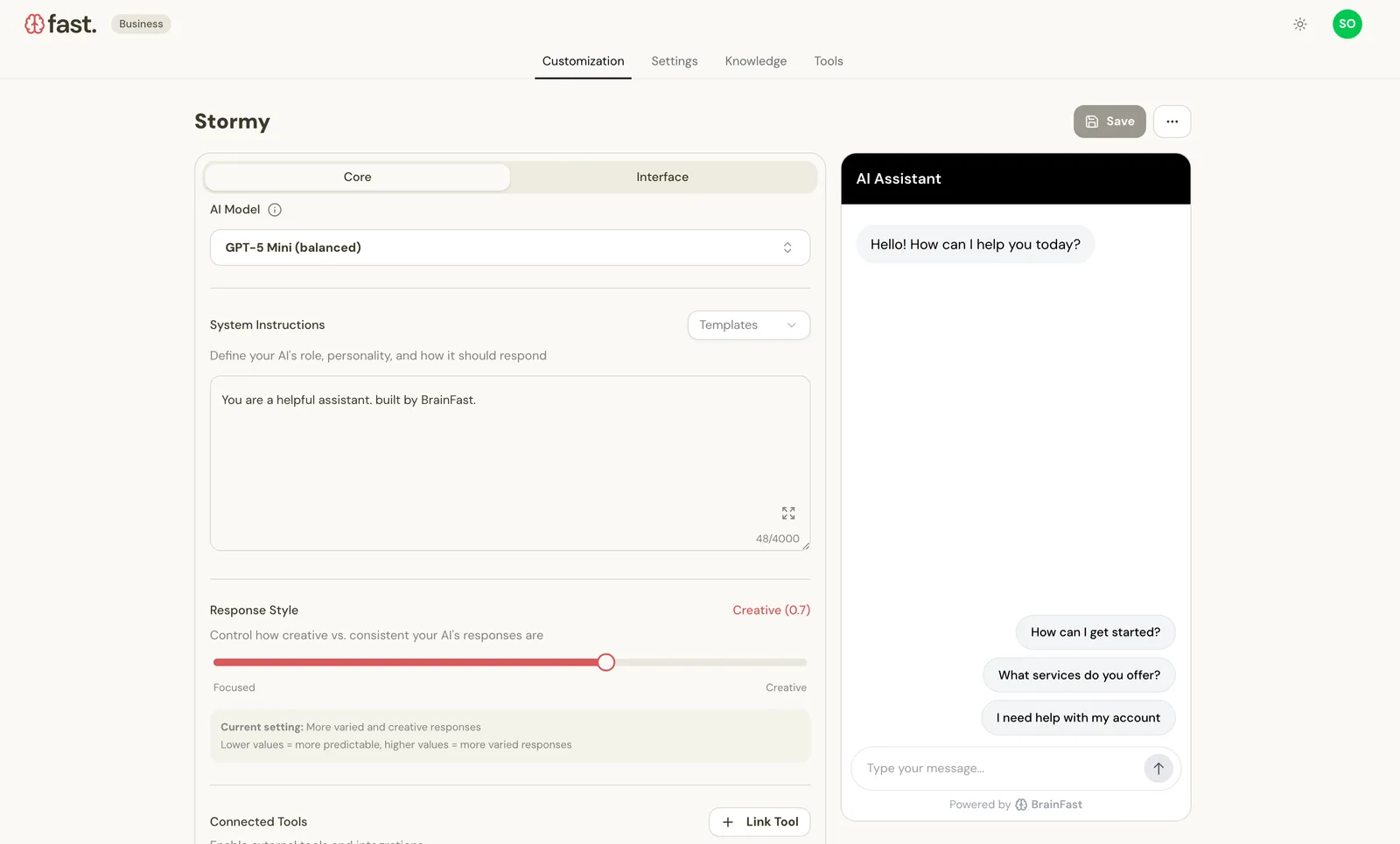 Brainfast agent editor with a live chat widget preview