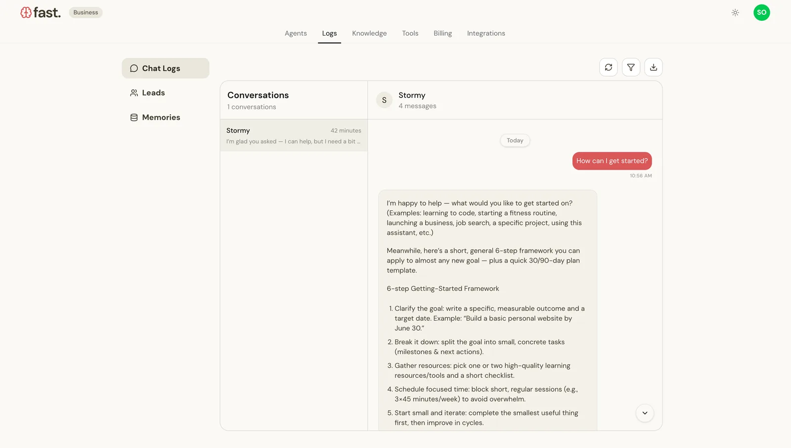 Chat logs list and conversation transcript