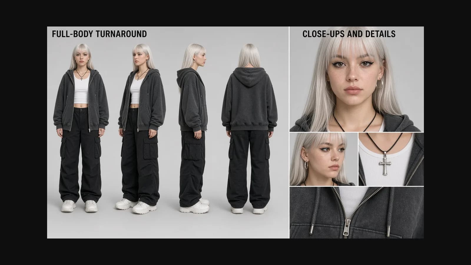 AI-generated character sheet with full-body turnaround and close-ups