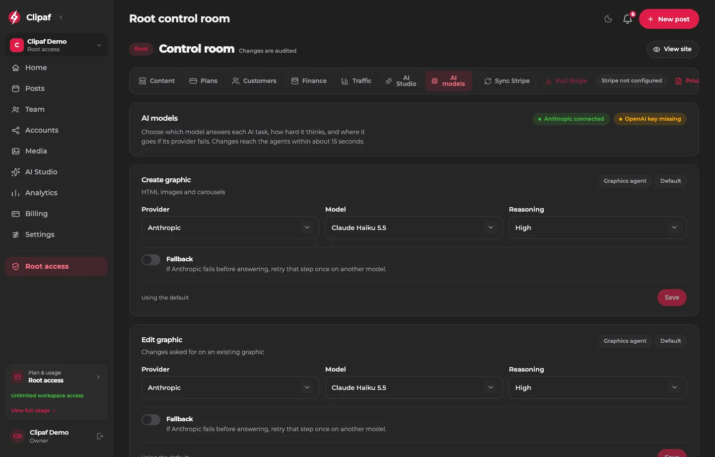 Root control room AI models panel
